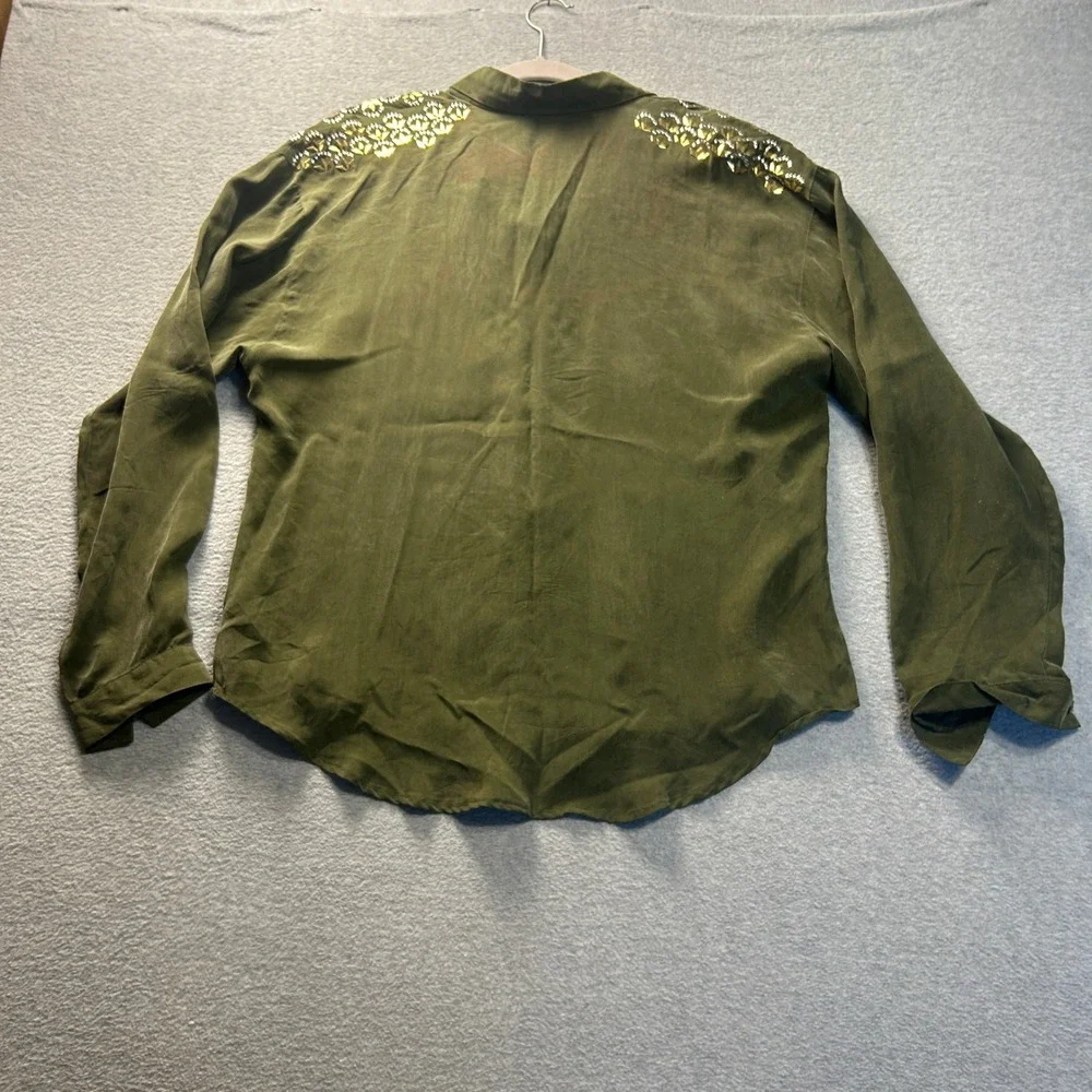 Alexander Campbell Button Front Blouse Womens 14 Olive Green Beaded Shoulders